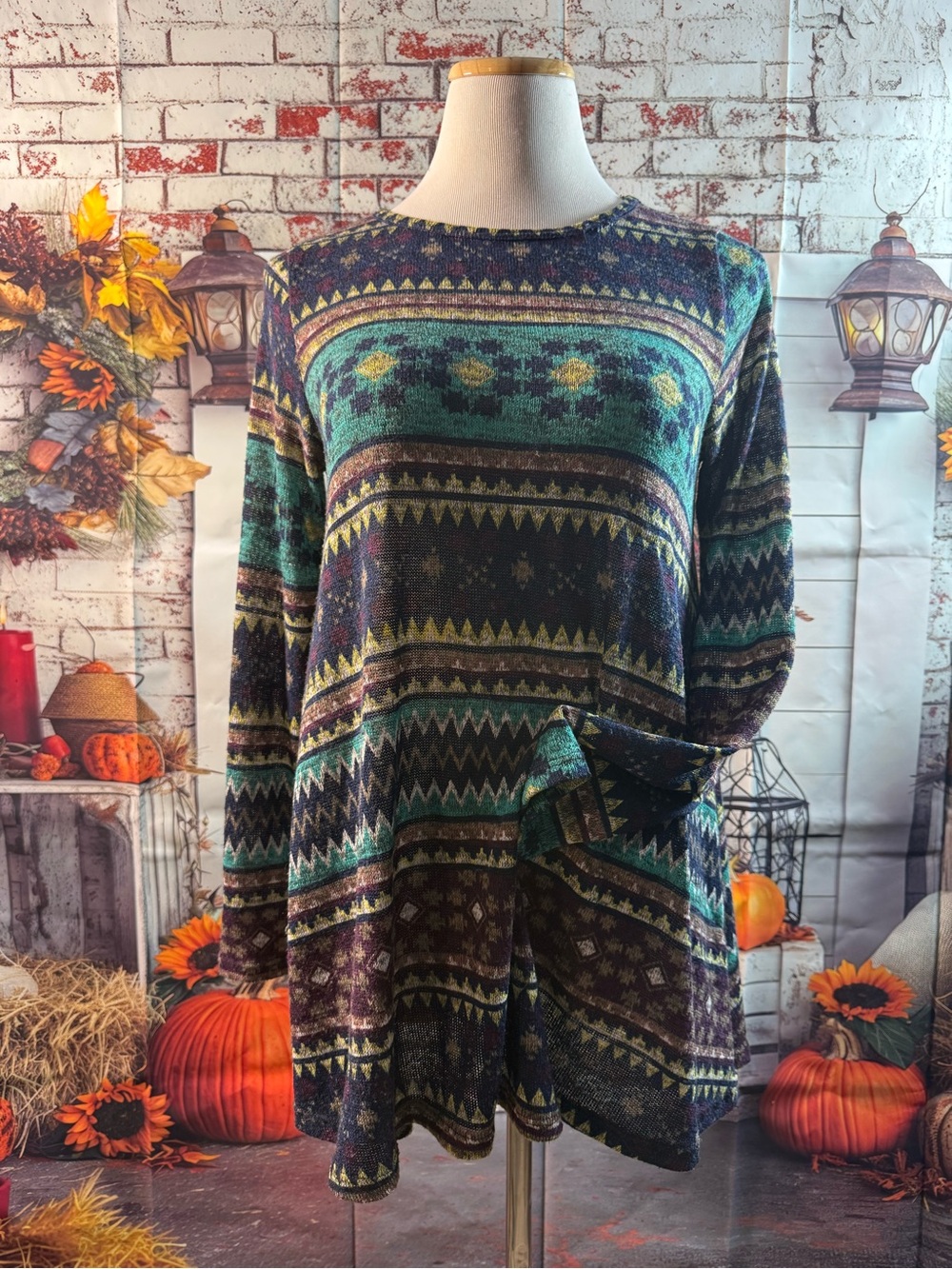 113-Bellamie Multicolor Patterned Long Sleeve Top - Teal, Navy, Gold